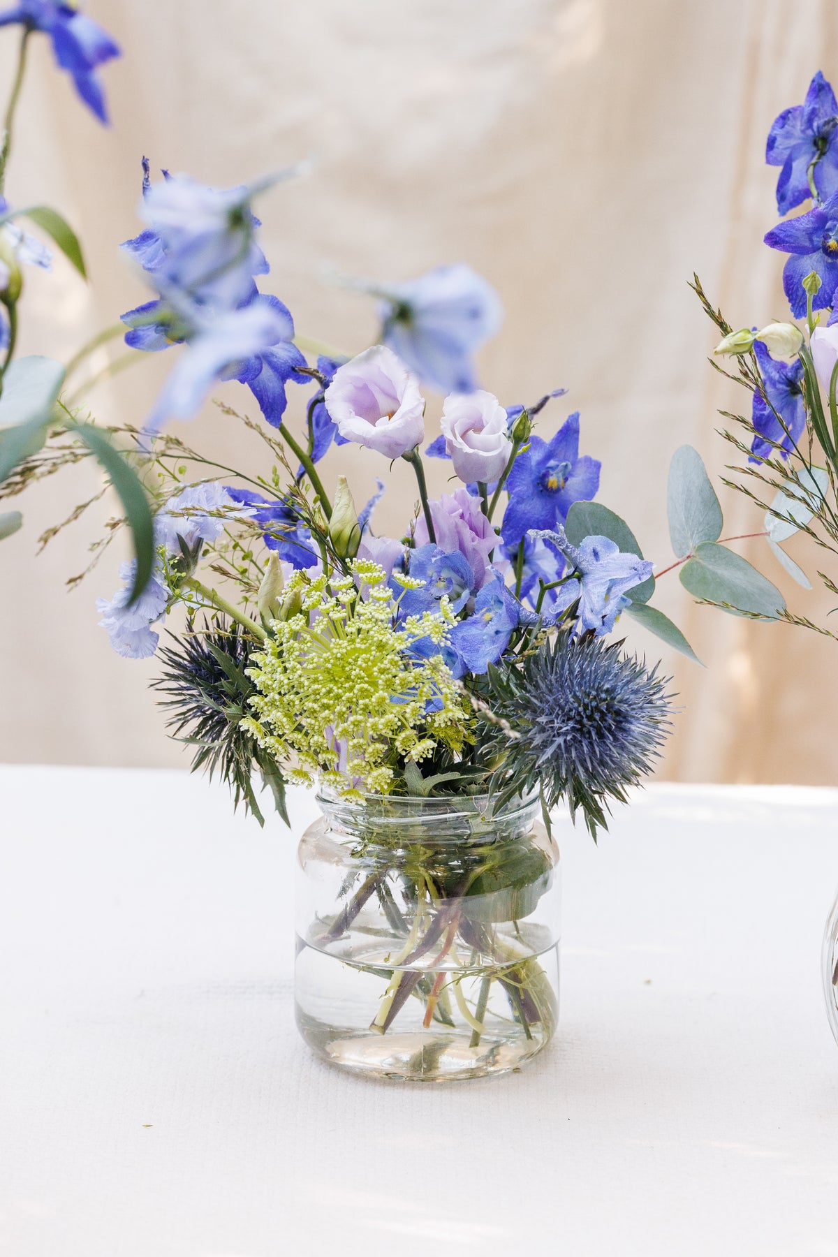 Something Blue Jam Jar Wedding Arrangement