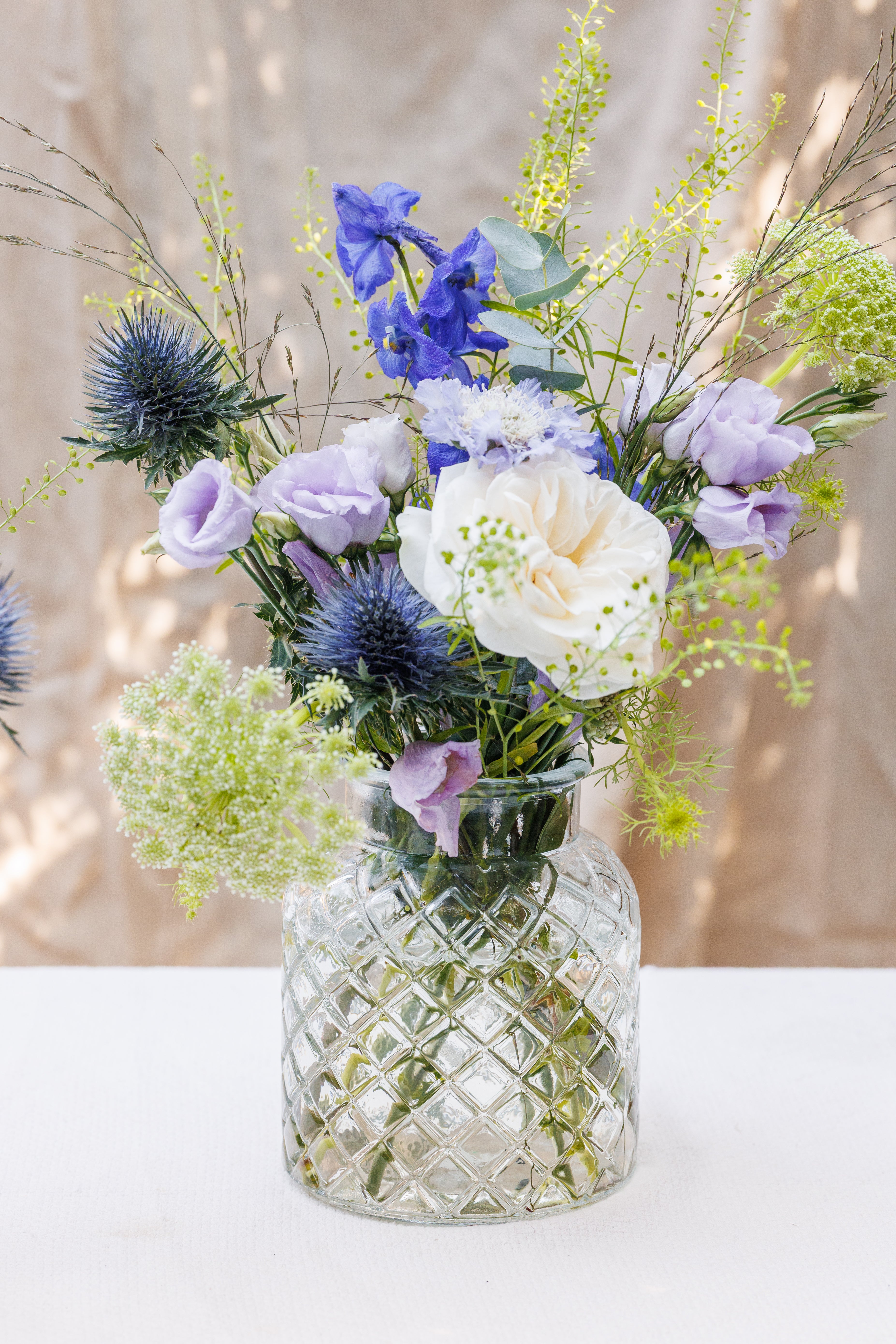 Something Blue Mayo Jar Floral Arrangement