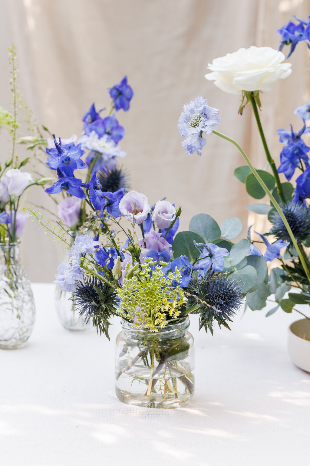 Something Blue Jam Jar Wedding Arrangement